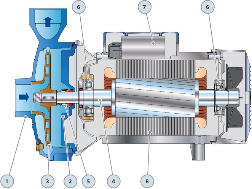 Sơ đồ cấu tạo của máy bơm ly tâm: 1 - vỏ, 2 - cánh quạt, 3 - nắp, 4 - bánh công tác, 5 - trục truyền động, 6 - phớt cơ khí, 7 - ổ trục, 8 - tụ điện, 9 - động cơ điện Sơ đồ cấu tạo của máy bơm ly tâm: 1 - vỏ, 2 - cánh quạt, 3 - nắp, 4 - bánh công tác, 5 - trục truyền động, 6 - phớt cơ khí, 7 - ổ trục, 8 - tụ điện, 9 - động cơ điện