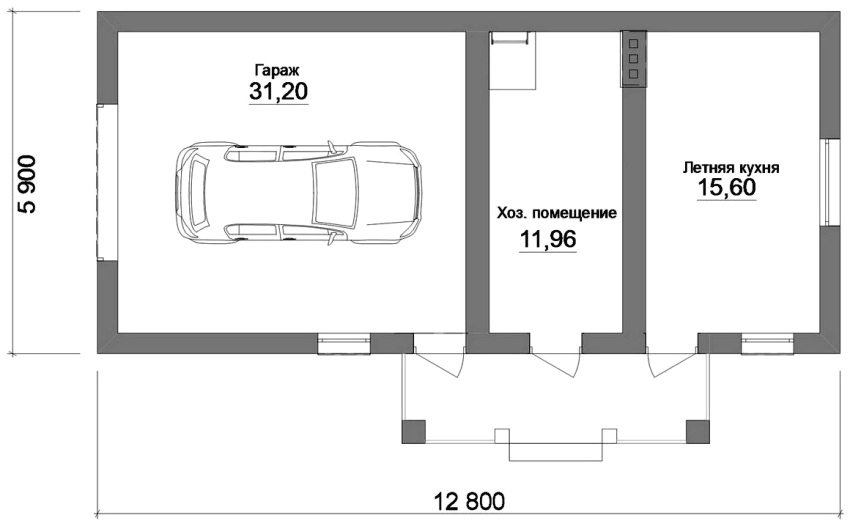 Das Projekt eines Landhauses mit der Anordnung einer Garage, eines Hauswirtschaftsraums und einer Sommerküche Das Projekt eines Landhauses mit der Anordnung einer Garage, eines Hauswirtschaftsraums und einer Sommerküche