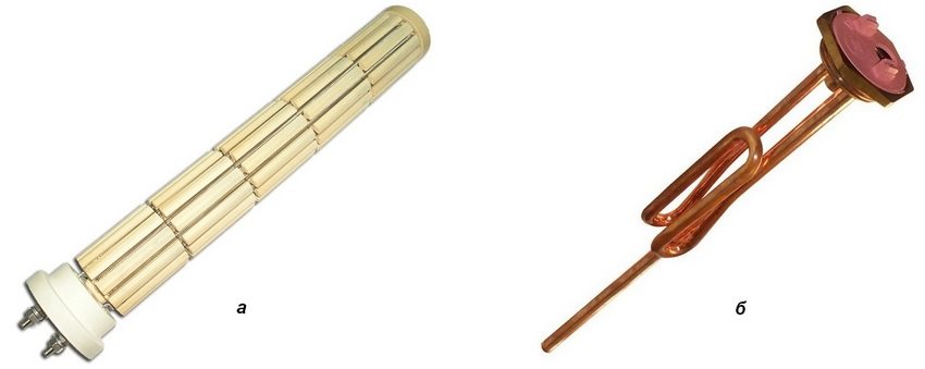 Rodzaje elementów grzejnych do podgrzewaczy wody: a - suchy element grzejny; b - mokra dziesiątka Rodzaje elementów grzejnych do podgrzewaczy wody: a - suchy element grzejny; b - mokra dziesiątka