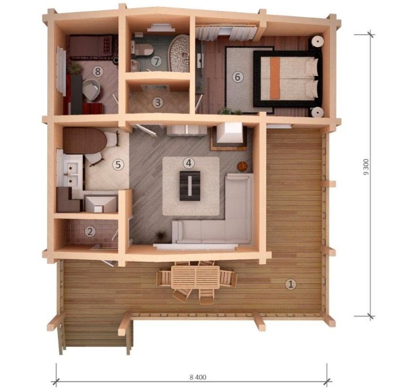 Proyecto de una casa compacta de madera de un piso: 1 - terraza, 2 - vestíbulo, 3 - recibidor, 4 - sala, 5 - cocina, 6 - dormitorio, 7 - baño, 8 - infantil Proyecto de una casa compacta de madera de un piso: 1 - terraza, 2 - vestíbulo, 3 - recibidor, 4 - sala, 5 - cocina, 6 - dormitorio, 7 - baño, 8 - infantil