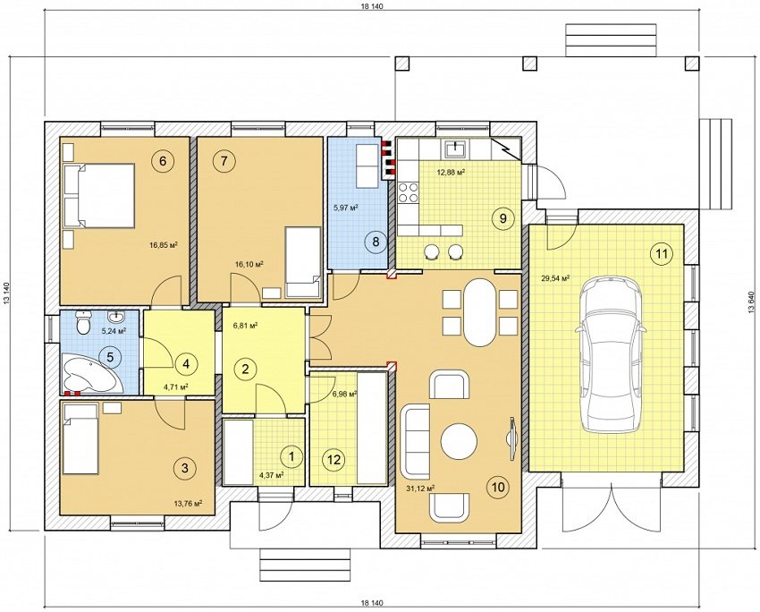 El proyecto de una casa de un piso con garaje y una distribución conveniente: 1 - vestíbulo, 2 - hall de entrada, 3 - recámara, 4 - recibidor, 5 - baño, 6 - recámara, 7 - recámara, 8 - lavadero, 9 - cocina, 10 - sala-comedor , 11 - garaje, 12 - vestidor El proyecto de una casa de un piso con garaje y una distribución conveniente: 1 - vestíbulo, 2 - hall de entrada, 3 - recámara, 4 - recibidor, 5 - baño, 6 - recámara, 7 - recámara, 8 - lavadero, 9 - cocina, 10 - sala-comedor , 11 - garaje, 12 - vestidor