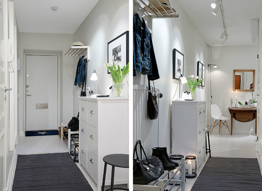 To visually expand the space in a narrow hallway, it is better to use light colors of the coating and furniture To visually expand the space in a narrow hallway, it is better to use light colors of the coating and furniture