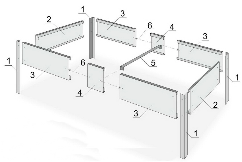 Schemat montażu łóżka: 1 - narożnik, 2 - element poprzeczny, 3 - element podłużny, 4 - profil łączący, 5 - ściąg, 6 - połączenie profili elementu podłużnego i ściągu Schemat montażu łóżka: 1 - narożnik, 2 - element poprzeczny, 3 - element podłużny, 4 - profil łączący, 5 - ściąg, 6 - połączenie profili elementu podłużnego i ściągu